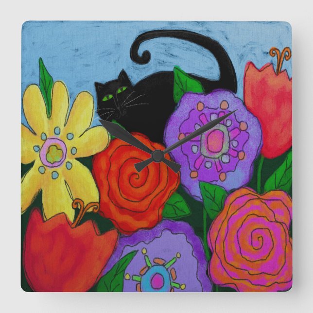 Chat noir dans le jardin Horloge ronde d'art Abstr (Recto)