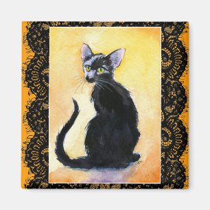 Chat noir de chaton, dentelle, aimant orange