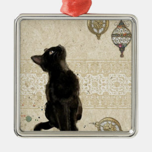 Chat Noir De Noël Vintage Regardant Les Ornements