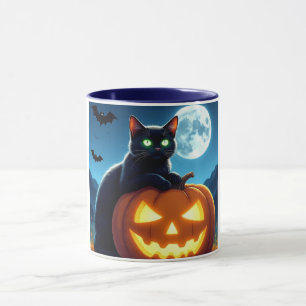 Chat noir éffrayant sur Mug Citrouille Halloween