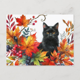 Chat noir en automne Carte postale Feuille colorée