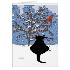 Chat noir en neige avec Oiseau rouge