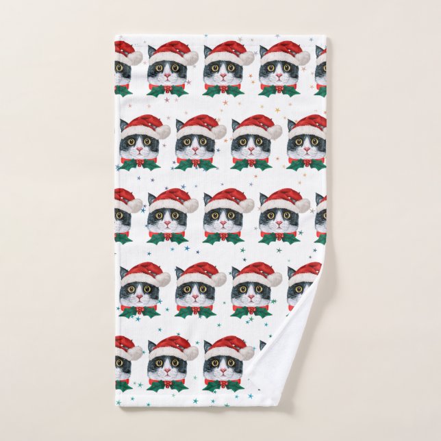 Chat noir et blanc mignon avec chapeau de Noël (Serviette à main)