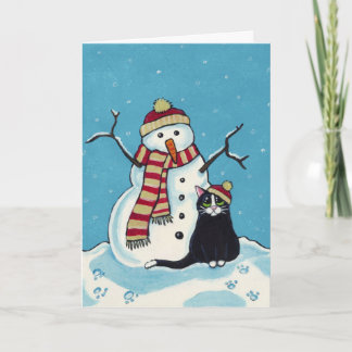 Chat noir et carte de Noël Snowman