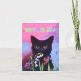 CHAT NOIR ET FLEURS CARTE D'ANNIVERSAIRE