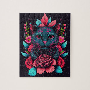 CHAT NOIR FLEURS IMAGINAIRE JIGSAW PUZZLE