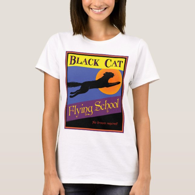 Chat noir Flying School Rétro Halloween T-shirt (Devant)