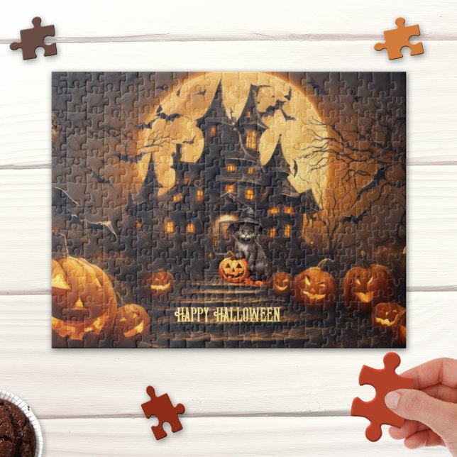 Chat noir Happy Halloween Haunted House Puzzle (Halloween puzzle featuring a cute fantasy scene with a black cat with pumpkins at a haunted house)