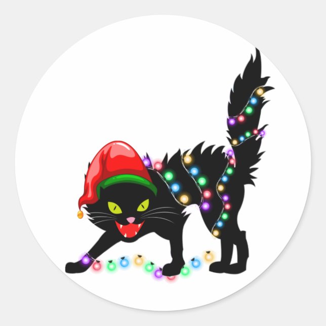 Chat noir lumières de Noël Sticker rond classique (Devant)