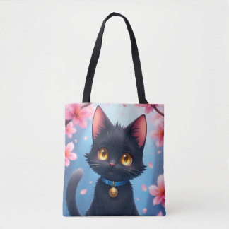 Chat noir mignon avec Sac fourre-tout Sakura Flowe