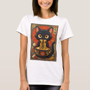 Chat noir mignon avec T-shirt nouilles