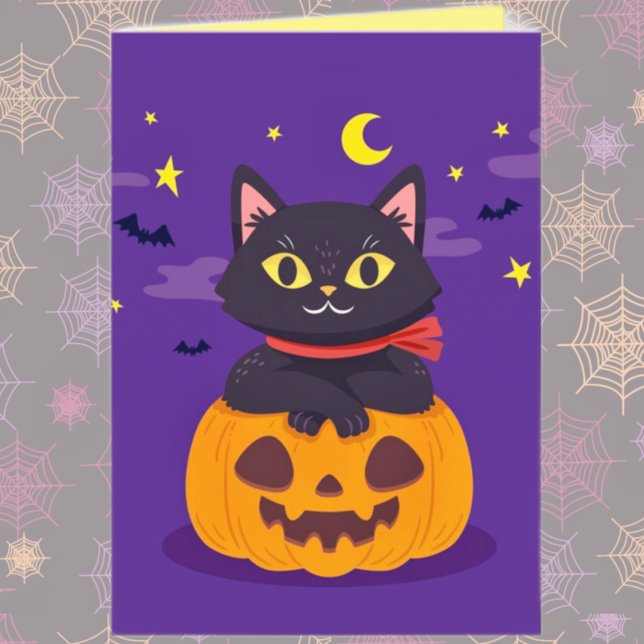 Chat noir mignon dans la carte d'Halloween Citroui (Créateur téléchargé)