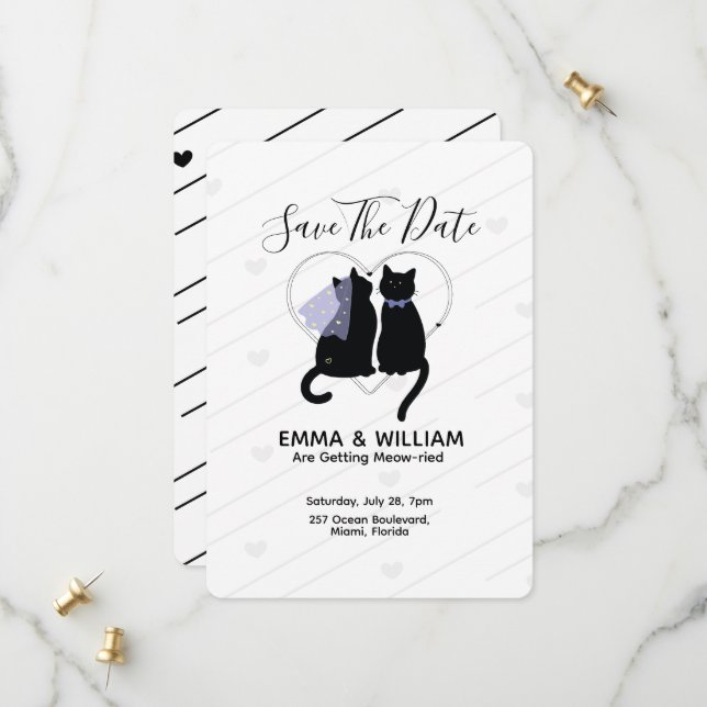 Chat noir mignon enregistrer la carte mariage date (Devant/Arrière en situation)