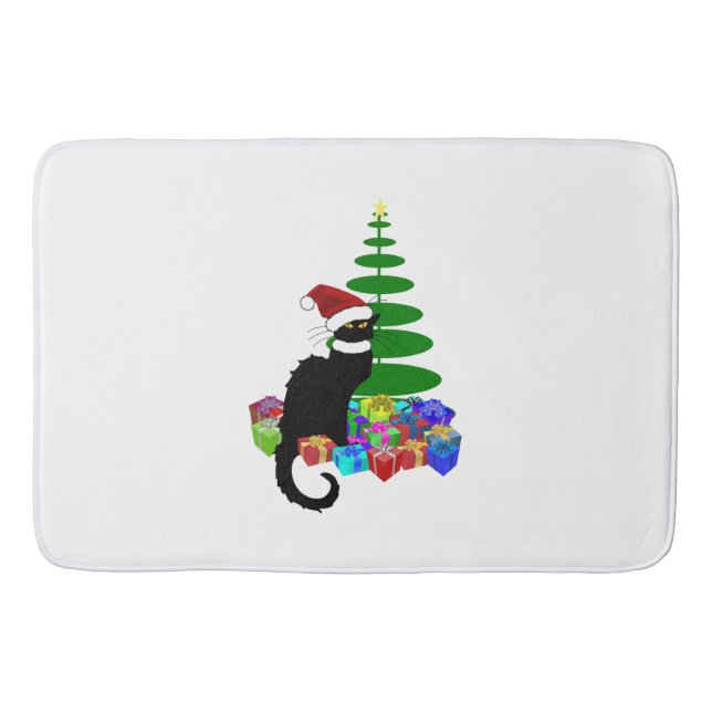 Chat Noir mit Weihnachtsbaum und Geschenken Badematte (Vorderseite)