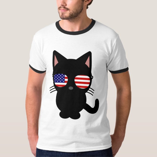 Chat noir patriotique T-shirts amusants, Lunettes  (Devant)