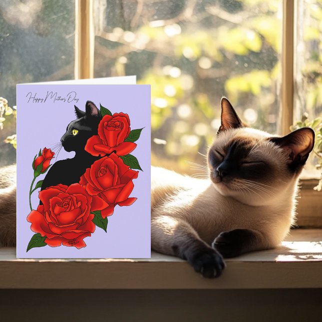 Chat noir Roses rouges violet Carte de fête des mè (Créateur téléchargé)