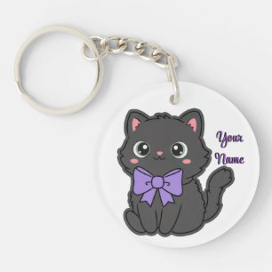 Chat noir ruban violet mignon kawaii personnalisé