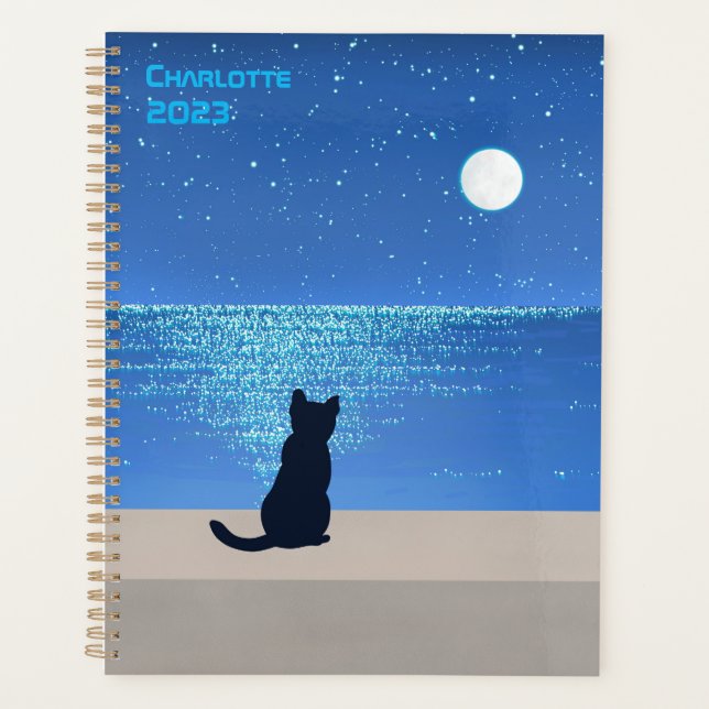 Chat noir sous la nuit étoilée pleine lune (Devant)