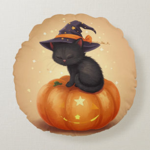 Chat noir sur Citrouille Halloween Coussin rond