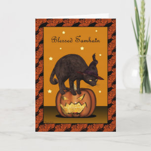 Chat noir sur Jack-o-lantern Samhain Carte de voeu