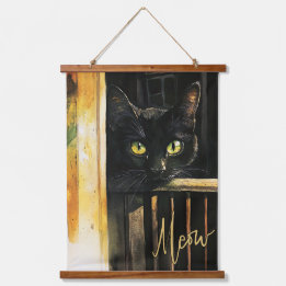 Chat noir sur Porch Bois Taché Tapisserie OEuvre m
