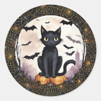 Chat noir sur Sticker Citrouille et chauves-souris