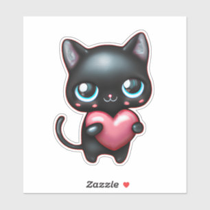 Chat noir tenant un autocollant vinyle coeur
