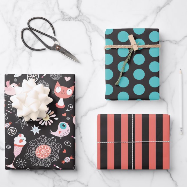 Chat, Oiseau, Fleurs, Ensemble de papier d'envelop (Recto)