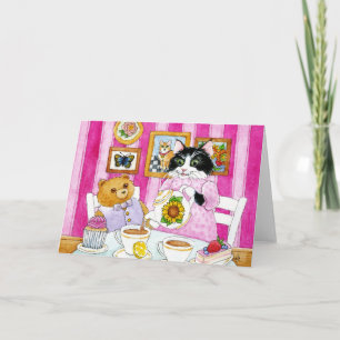 Chat, Ours en peluche, fête du thé, rose, Carte