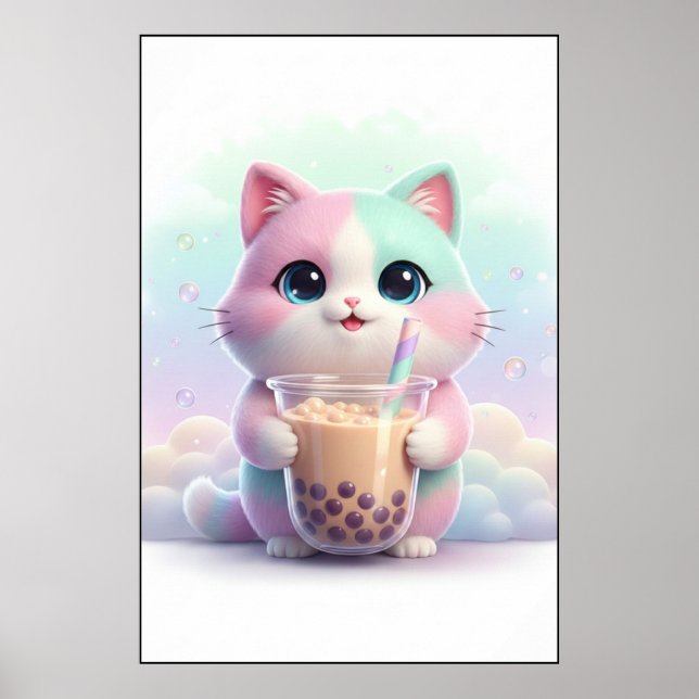 Chat pastel avec affiche d'art de bubble tea (Devant)