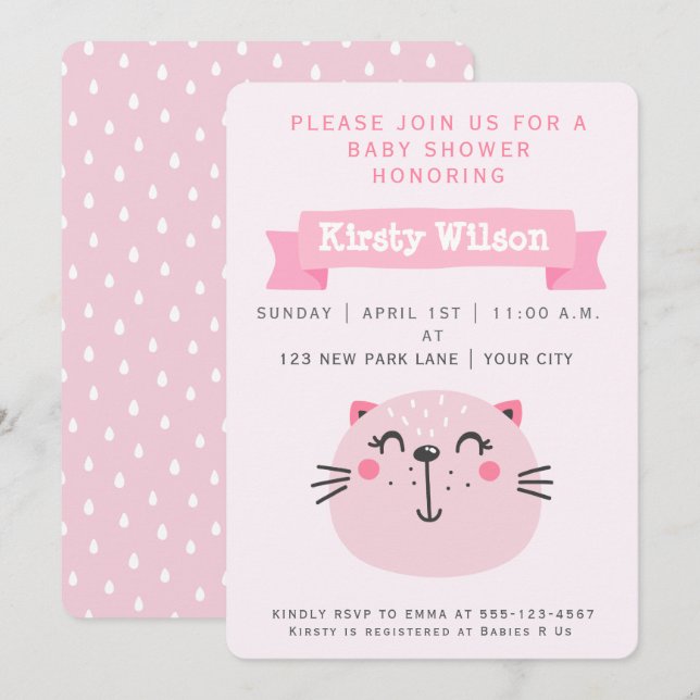 Chat rose | Invitation Baby shower (Devant / Derrière)