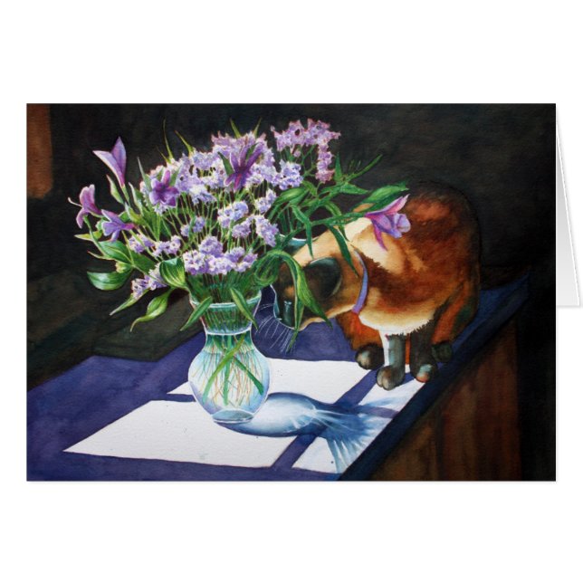 Chat siamois attaquant le vase des fleurs (Devant horizontal)