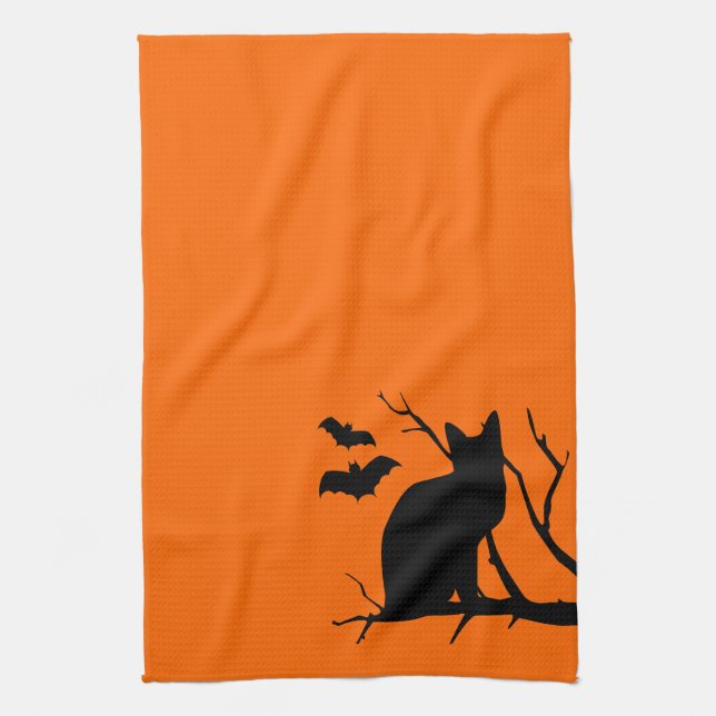 Chat Silhouette Orange Halloween Serviette de cuis (Vertical)