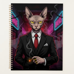 Chat Sphynx Mafia dans un style néon noir