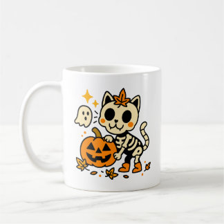 Chat squelette mignon avec mug citrouille