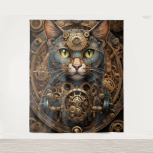 chat steampunk bleu AI art Tapisserie