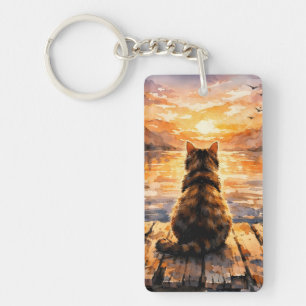 Chat sur le quai au coucher du soleil
