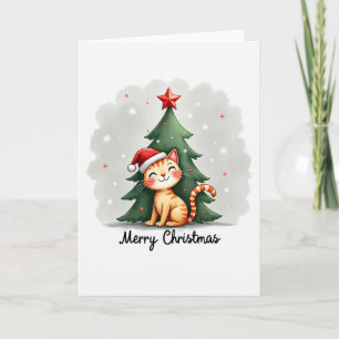 Chat Tabby mignon à Santa Hat Carte de Noël