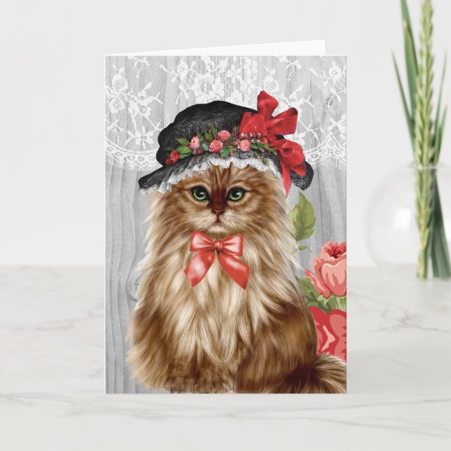Chat victorien dans la carte de voeux de casquette (Devant)