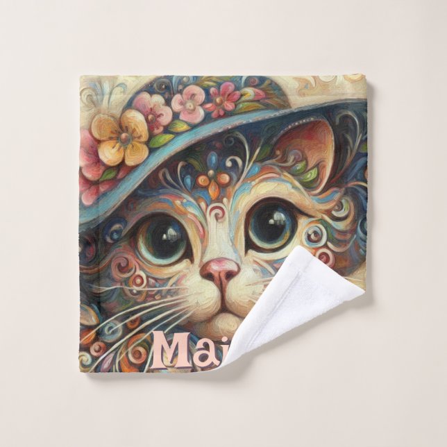 Chat Whimsical avec un Casquette Floral Personnali (Gant de toilette)