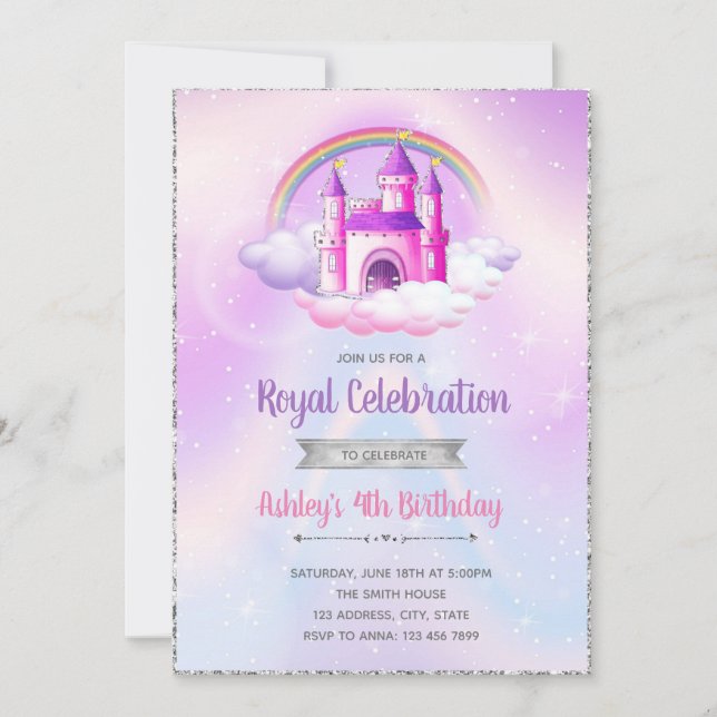 Château à thème violet argenté invitation d'annive (Devant)