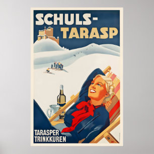 Château de Tarasp Scuol Suisse Affiche de ski vint