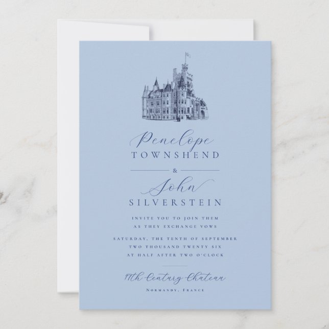 Chateau Illustration Script Französisch Blue Weddi Einladung (Vorderseite)