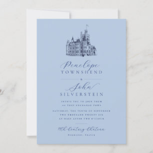 Chateau Illustration Script Französisch Blue Weddi Einladung