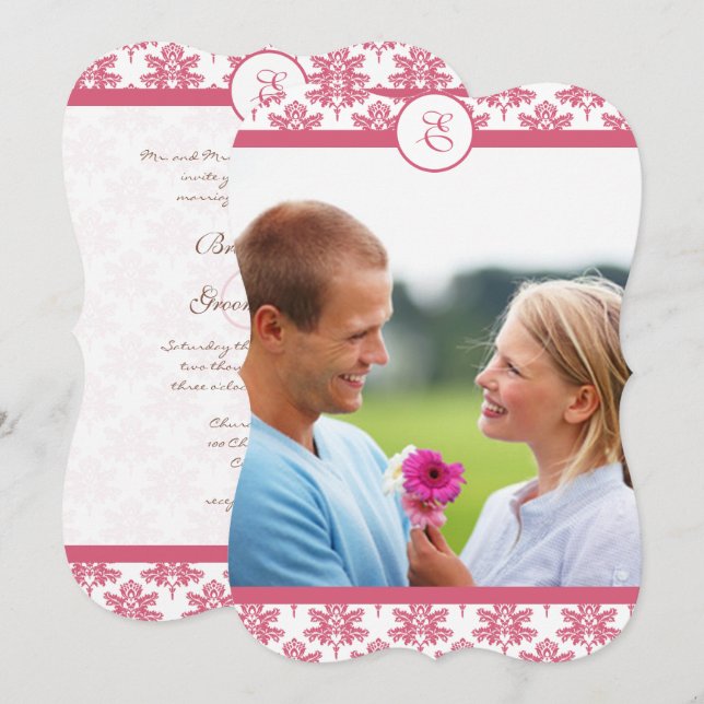 Chateau Pink Damask Foto Einladung Hochzeit (Vorne/Hinten)
