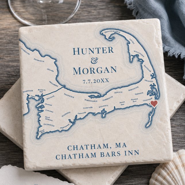 Chatham Bars Inn Hochzeitsgeschenke Cape Cod Karte Steinuntersetzer (Chatham Bars Inn Wedding Favor Cape Cod Map Stone Coaster by Coastal Map Designs)