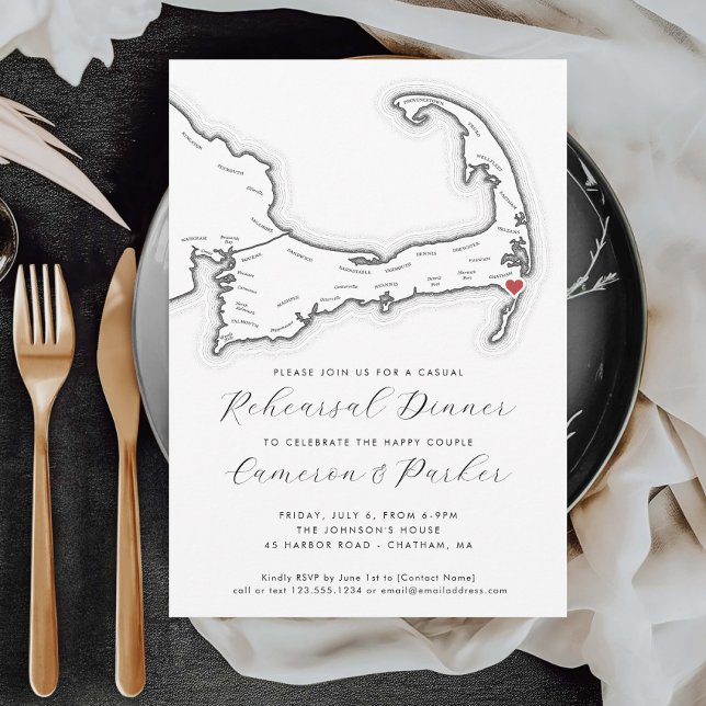 Chatham MA Lässig Wedding Probe Dinner Einladung (Chatham MA Casual Wedding Rehearsal Dinner Invitation in Black and White from Coastal Map Designs)