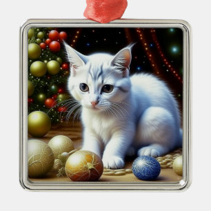 Chaton blanc Jouer avec des ornements de Noël or