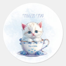 Chaton en Coupe Bleu Fleurs Sticker