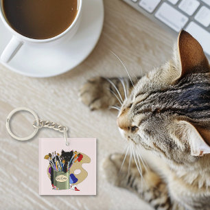 Chaton noir Pinceau Pot Artiste Chat Rose